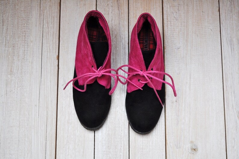 Vintage Pink and Black Faux Suede Colorblock Chunky Heel Lace Up Ankle Booties by Platino