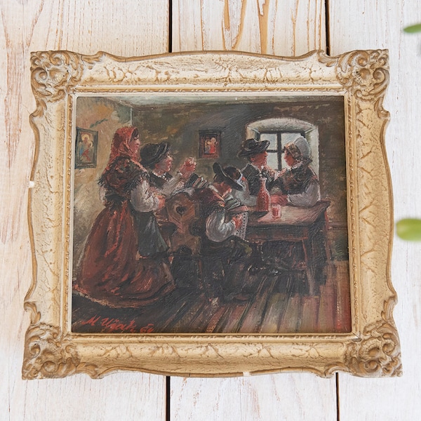 vintage Original M. Užak Tavern Paysage Peinture à l’huile encadrée