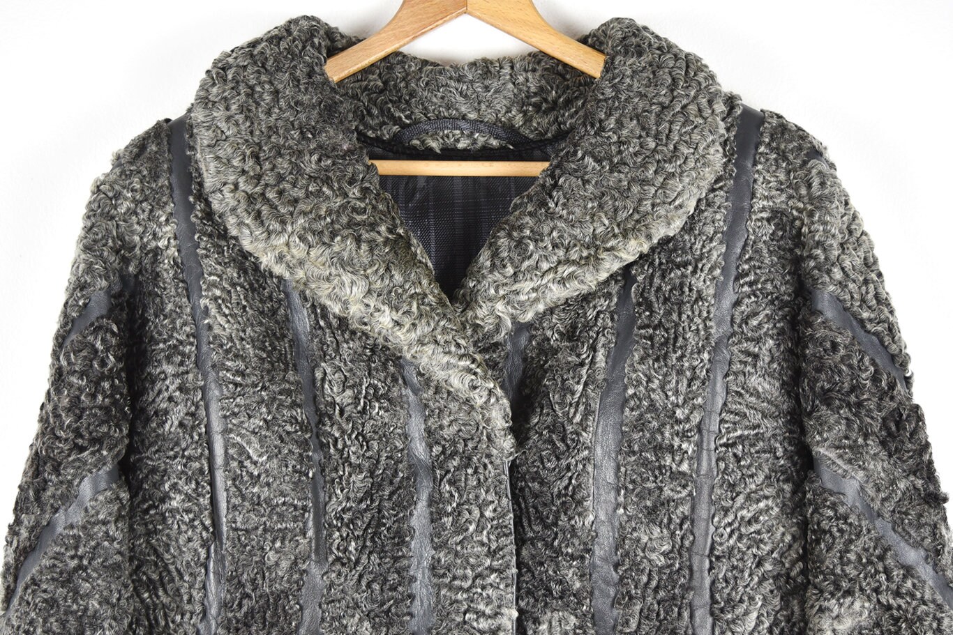 Vintage Grey Curly Genuine Lamb Fur and Leather Stripes Winter