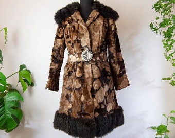 Vintage Unique Calico Hide Fur Trim Belted Coat