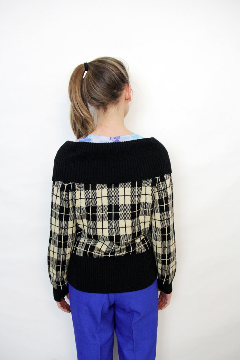 Vintage Black and Cream Plaid Cowl Neck Sweater image 5