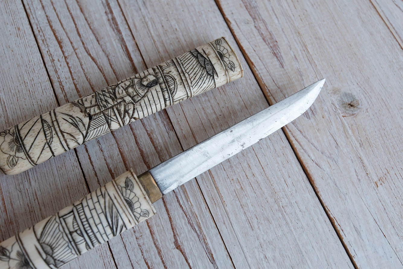 Antique Japanese Tanto Knife With Hand Carved Bone Hilt and
