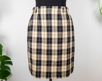 Vintage Beige and Black Plaid Mini Pencil Skirt