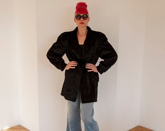 Vintage Glamurous Shiny Black Faux Fur Oversized Coat