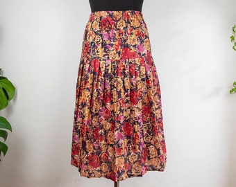 Vintage Floral Drop Waist Pleated Midi Skirt