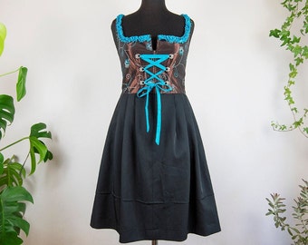 Vintage Metallic Brown Teal Ribbon Trim Dirndle Dress