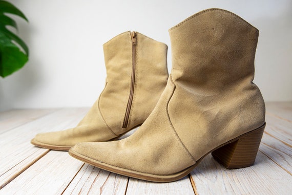 Vintage Beige Suede Western Booties - image 1