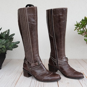 Vintage Brown Leather White Stitching Tall Women Boots