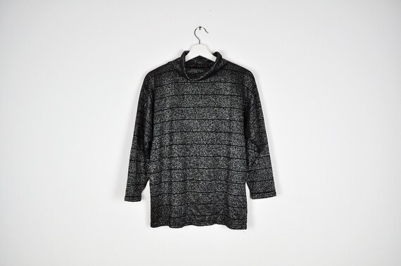 Vintage Black and Silver Metallic Knit Turtleneck