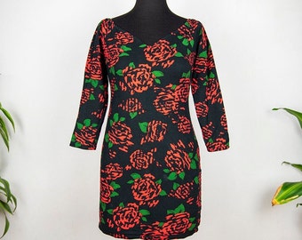 Black Red Roses Print Long Sleeve Body Con Mini Dress