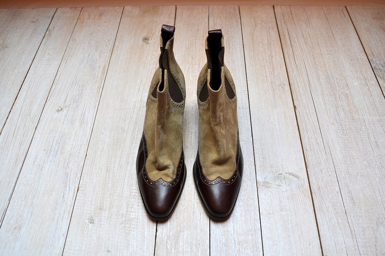 Vintage Two Tone Leather and Suede Wingtip Oxfords Western Ankle Booties