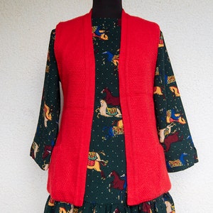 Vintage Red Wool Handknit Open Front Vest with Pockets