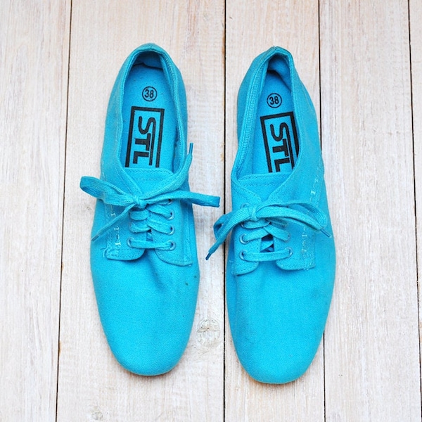 NOS Vintage Blue Canvas Lace Up Oxford Flat Shoes