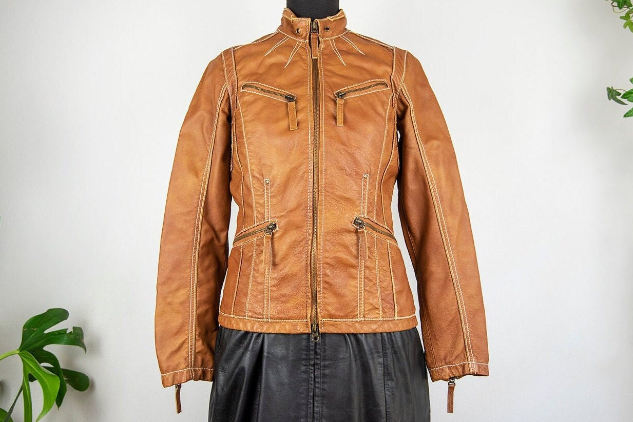 Vintage Brown Leather Zipper Jacket - Etsy
