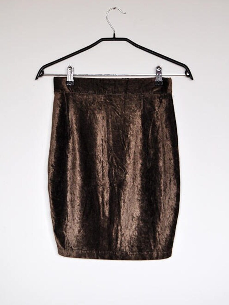 Vintage Stretchy High Waist Brown Crushed Velvet Mini Pencil Skirt image 2