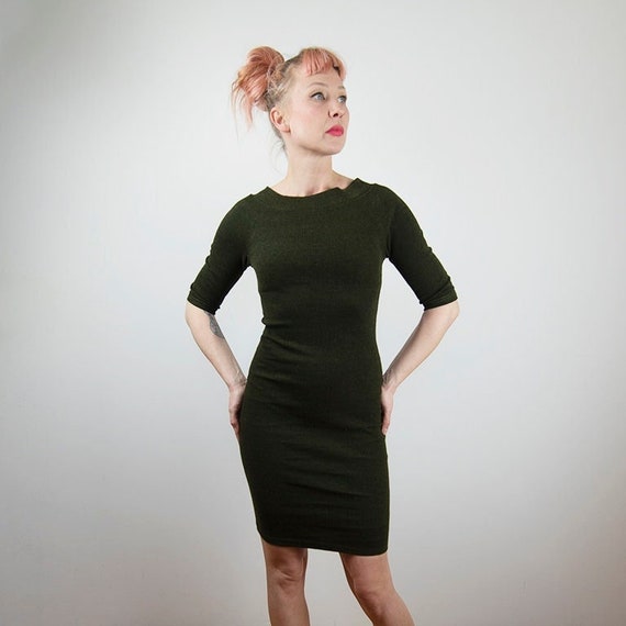 Vintage Army Green Ribbed Knit Half Sleeve Bodycon Mini Sweaterdress - Etsy