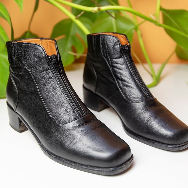 Vintage Black Leather Zipper Ankle Boots