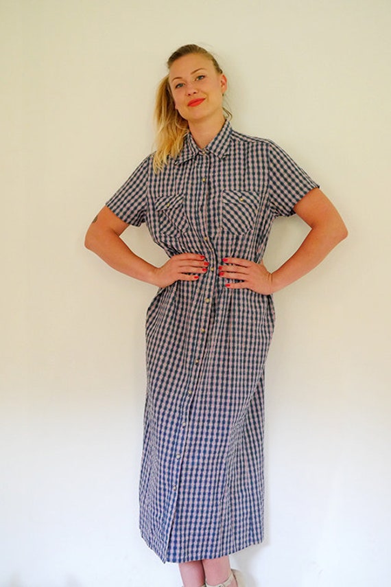 Vintage Plaid Crinkled Cotton Button Up Short Slee