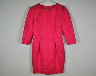 Vintage Hot Pink Long Sleeve Textured Reptile Pattern Mini Pencil Dress