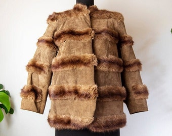 Vintage Suede and Genuine Fur Horizontal Stripes Short Coat