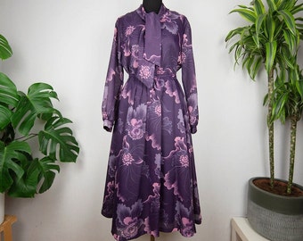 Vintage Purple Floral Skirt and Blouse Dress Set