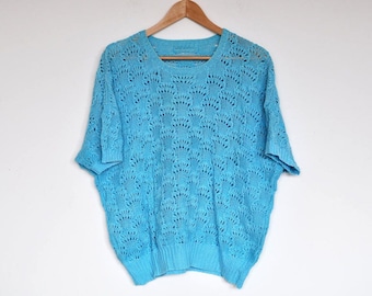 Vintage Handmade Oversized Blue Lace Knit Short Sleeve Sweater Blouse