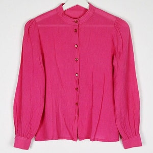 Vintage Hot Pink Semi Sheer Gauze Cotton Button Up Puffy Sleeve Blouse
