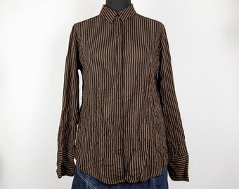Vintage Brown and Black Striped Long Button Down Shirt Blouse
