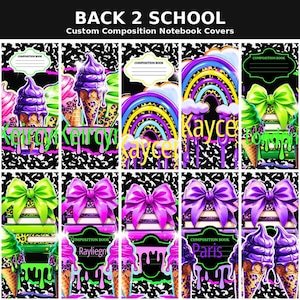 Könnte beinhalten: Eine Sammlung von benutzerdefinierten Notizbuchumschlägen mit einem schwarz-weiß gesprenkelten Hintergrund und farbenfrohen Grafiken, darunter lila Eiswaffeln, leuchtende Regenbögen, hellgrüne und lila Schleifen sowie personalisierte Namensschilder.