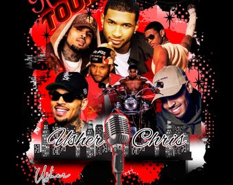 May include: Black graphic tee featuring images of Usher and Chris Brown, with the text "The B Tour" in red and white. A vintage microphone graphic is in the center, with the names "Usher" and "Chris" below.