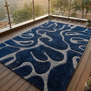 Modern blauw getuft vloerkleed, abstract 3D koraalgolf tapijt, luxe wollen vloerkleed met hoog-laag textuur voor woonkamer, balkon en slaapkamer.