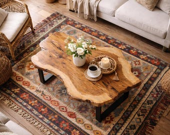 Asymmetrical Live Edge Wood Coffee Table, Rustic Solid Wood Center Table with Natural Grain, Handmade Farmhouse Living Room Furniture Decor