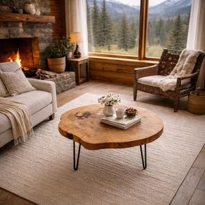Könnte beinhalten: Ein rustikales Wohnzimmer mit einem runden Holztisch mit schwarzen Haarnadelbeinen. Auf dem Tisch stehen eine Blumenvase, ein Buch und kleine Schalen. Ein Sofa, ein Sessel und ein Kamin vervollständigen den warmen, einladenden Raum. Der Tisch hat einen Durchmesser von ca. 100 cm.