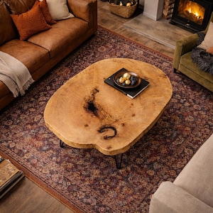 Puede incluir: Una mesa de centro de madera natural con una forma orgánica única. La mesa es de color marrón claro con nudos oscuros y vetas. Descansa sobre patas de horquilla de metal negro. Una alfombra decorativa y un sofá de cuero están en el fondo.