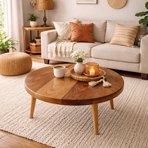 May include: A round wooden coffee table with a light brown finish and three angled legs. The table is 36 inches in diameter and features a cup, vase, and candle on top. The table is set on a cream-colored rug.