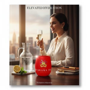 Elegant kristallvattenglas med "Inget drama, bara champagne"-motiv