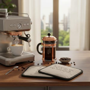 May include: A stainless steel espresso machine with a cup of coffee, a copper French press, and two square coasters with the text "RUNNING ON CAFFEINE & DRY SHAMPOO" on a wooden surface. Coffee beans are scattered around.