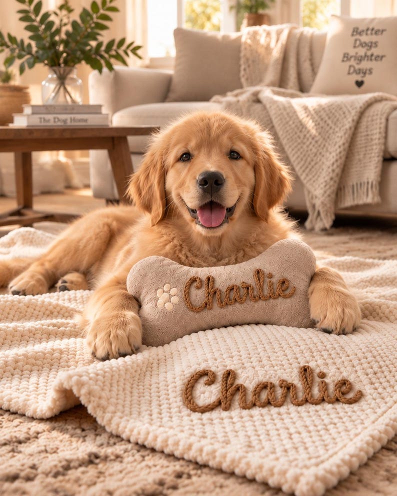 May include: A golden retriever puppy lying on a cream-colored textured blanket, resting its paws on a bone-shaped plush toy. Both the blanket and the toy feature the name Charlie embroidered in brown yarn, with a small paw print on the toy.