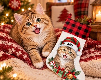 以下が含まれることがあります： 赤と黒のバッファローチェック柄の袖口が付いた白いクリスマスストッキング。サンタの帽子をかぶった茶色のトラ猫の子猫のイラストが描かれており、帽子にはMiloという名前があり、緑の松の枝とキャンディケインが添えられています。