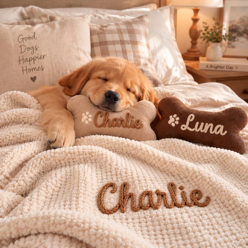 May include: A golden retriever puppy sleeping on a cream-colored textured blanket. Two bone-shaped plush toys are present, one tan embroidered with 'Charlie' and a paw print, and one brown embroidered with 'Luna' and a paw print.