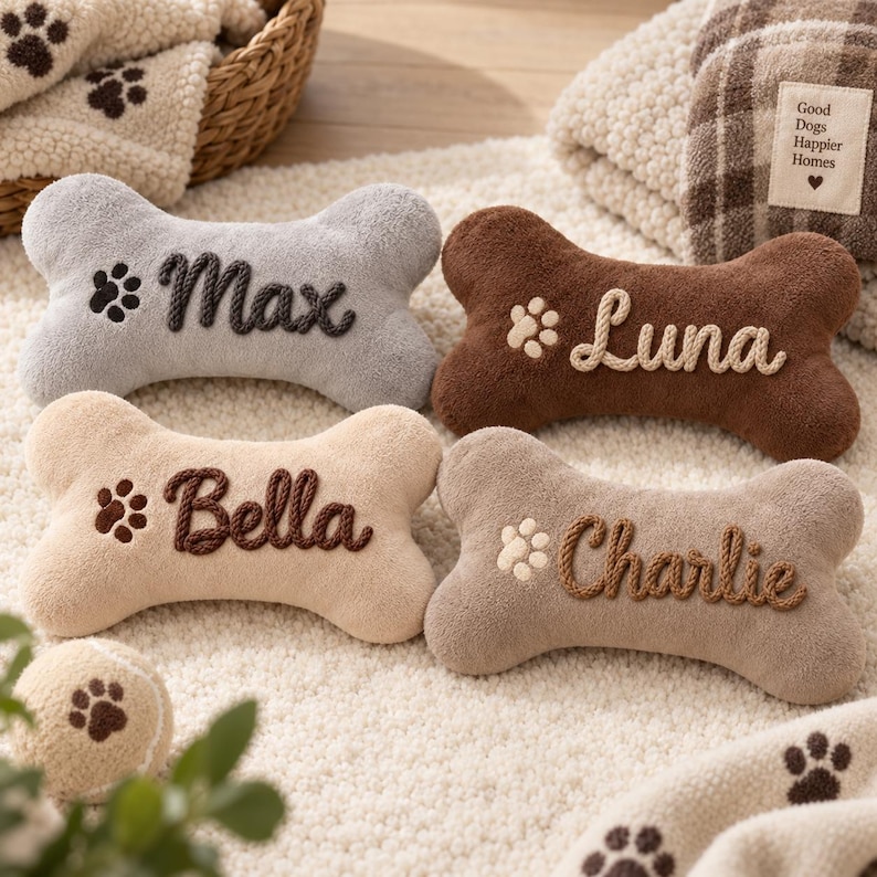 May include: Four plush bone-shaped toys in gray, brown, beige, and tan, each embroidered with a name: Max, Luna, Bella, and Charlie, accompanied by a paw print icon. A small matching ball and a blanket with the text Good Dogs Happier Homes.