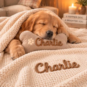 May include: A golden retriever puppy sleeping under a cream-colored textured blanket, resting its head on a bone-shaped pillow embroidered with a paw print and the name Charlie. The blanket also features the name Charlie in brown embroidery.