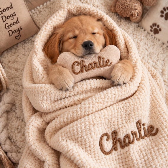 Personalized Dog Blanket With Name, Custom Dog Blanket & Bone Pillow Set, 3D Rope Embroidery Pet Blanket, Puppy Gift, Dog Mom Gift