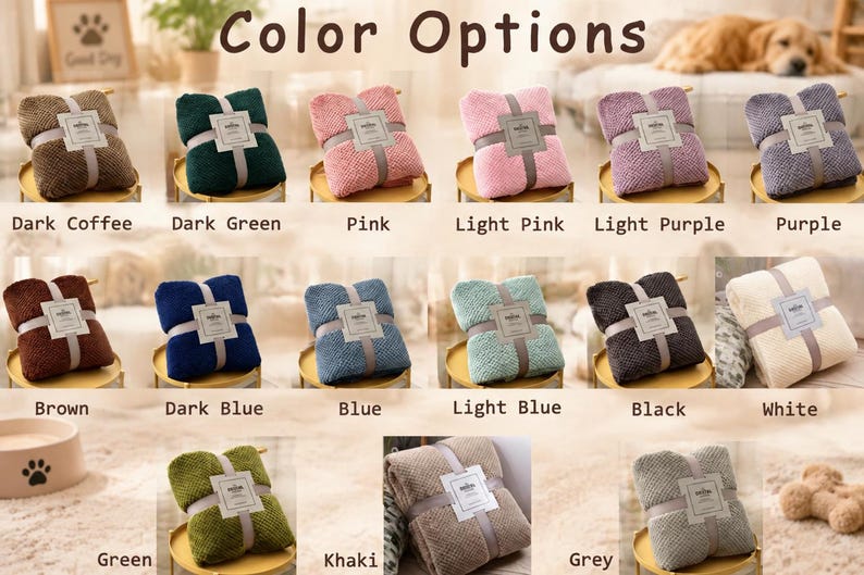 May include: A collection of seventeen folded blankets in various colors including dark coffee, dark green, pink, light pink, light purple, purple, brown, dark blue, blue, light blue, black, white, green, khaki, and grey, each with a paper label.