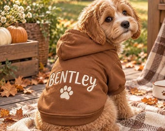 May include: A brown dog hoodie featuring the name BENTLEY in white lettering above a white paw print graphic. The garment has a hood, long sleeves, and ribbed cuffs, designed to fit a small, fluffy, light brown dog with floppy ears.