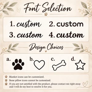 May include: A beige informational graphic titled Font Selection and Design Choices. It displays four numbered font styles labeled custom, and four lettered icons: a paw print, a heart, a bone, and a star. Text notes customization options.