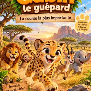 Könnte beinhalten: Ein Buchcover mit dem Titel Gabin le guépard La course la plus importante zeigt einen Geparden, der mit einem Löwen, Affen, einer Gazelle und einem Elefanten durch die Savanne rennt. Text enthält Ensemble, on va plus loin und Pour les enfants de 4 à 10 ans.
