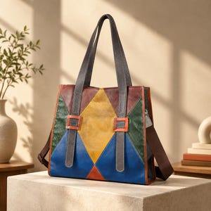 Puede incluir: Un bolso tote multicolor con un patrón geométrico de rombos en amarillo, azul, verde y marrón. El bolso incluye dos correas verticales de color gris oscuro con hebillas naranjas, dos asas superiores y una correa de hombro marrón extraíble.