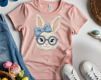 Denim Bow Bunny Head PNG, Grandmillennial Easter Design (Digital Download)