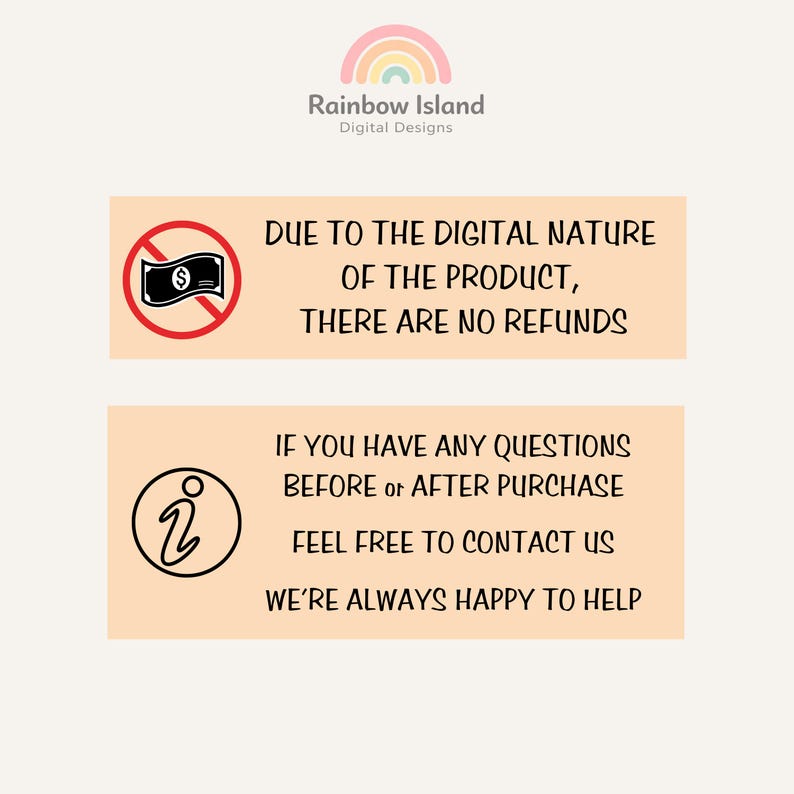 two rectangular signs with text and symbols. The top sign prohibits the use of the product due to the digital nature of the product, and the bottom sign encourages contact with the company for any questions.